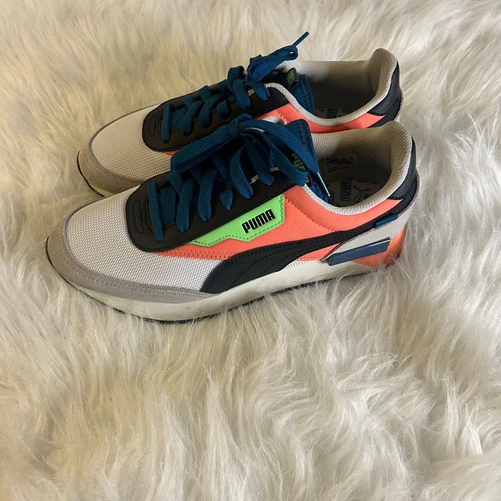 Puma White Sneakers with Neon Orange, Green & Blue Accents